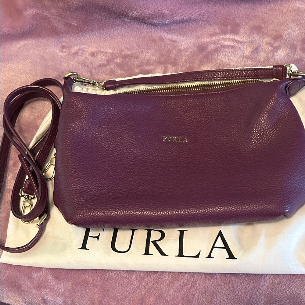 Furla Plum pebbled Leather Crossbody Bag and wrist strap dust cover